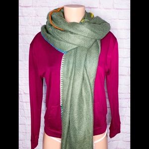 NWT Free People - Earthy Green & Multi-Colored Trim, Knit Scarf